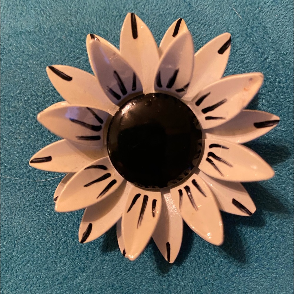 Vintage Black & White Enamel Flower Brooch w/Bonus White Plastic Flower Brooch